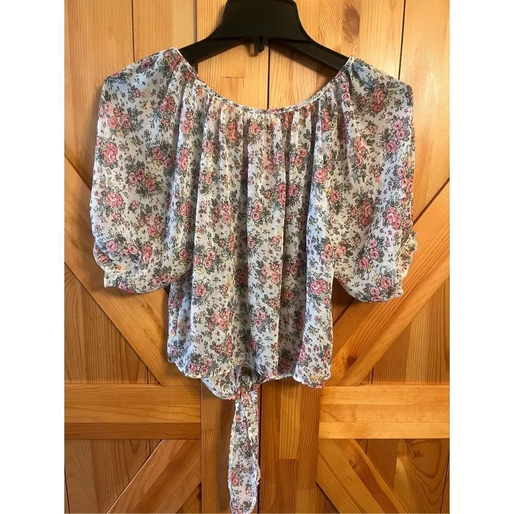 Poetry Women’s Sheer Button Up Tie Front Short Sleeve Blouse Floral Small (1557) - Image 4