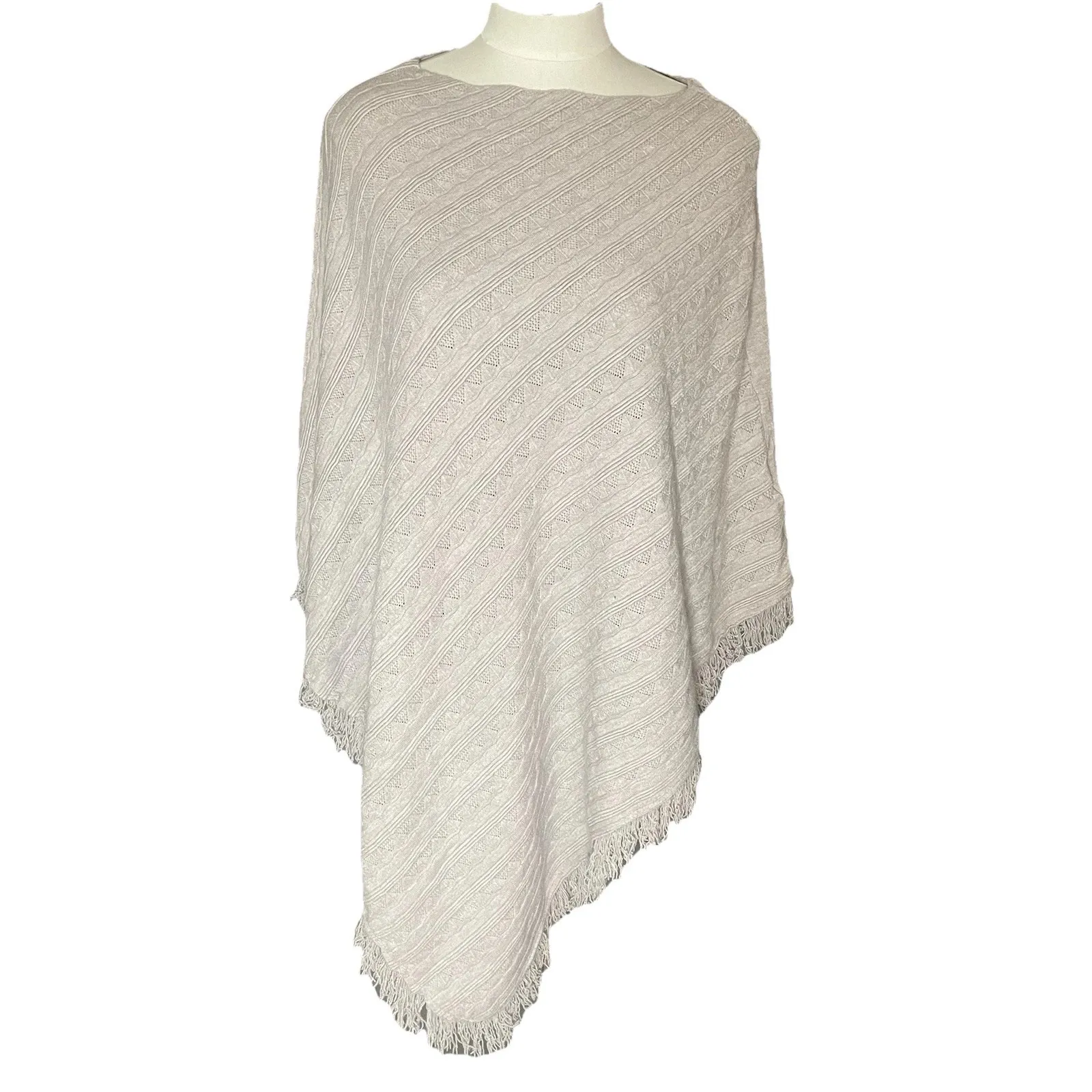 Oshlen Beige Knit Poncho Wrap One Size Soft Fringe Asymmetrical Cape Shawl Tan - Image 2