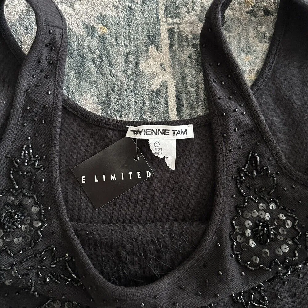 NEW Vivienne Tam Beaded Top Womens Small Sequin Floral Tank Black Dead Stock - Image 11