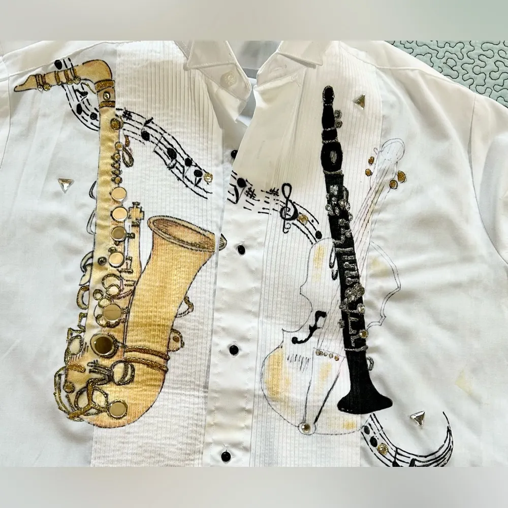 NEIL ALLYN Hand Painted Sax/Violin/Clarinet Chorus~Band~Jazz Tux Blouse Sz S White - Image 10