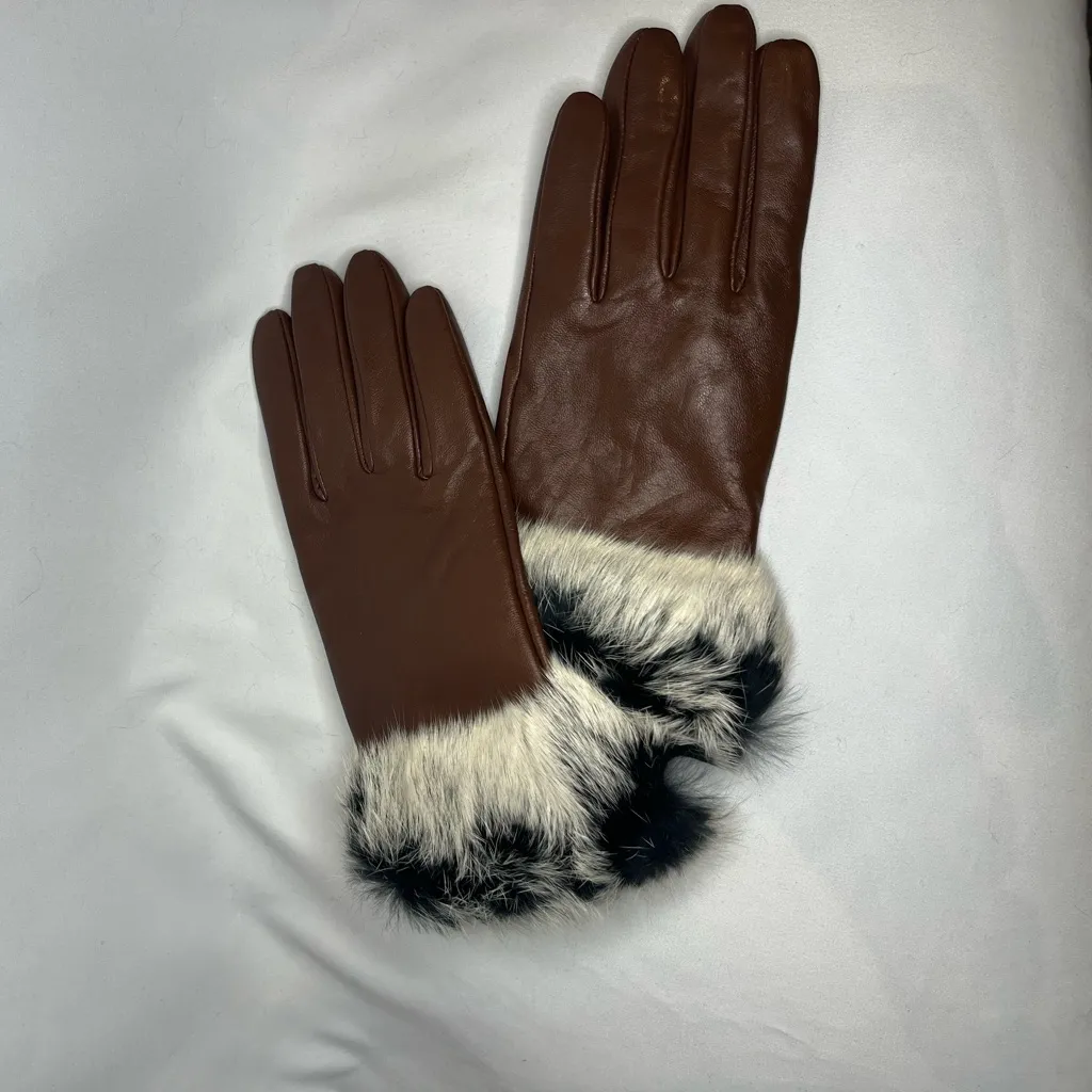 Excelled Brown Lamb Leather Cashmere Lined Gloves with Rabbit Fur Trim Size L - Image 3