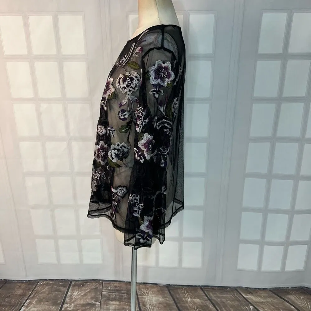 Inc International Concepts Black Mesh Embroidered Long Bell Sleeve Blouse Sz 2X - Image 7