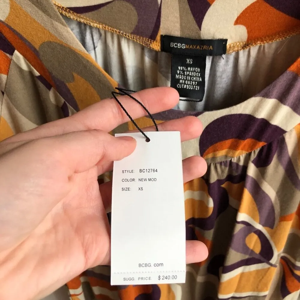 NEW BCBGMAXAZRIA Drop Waist Dress Mustard Orange Printed Swirl 60s 70s Mod Retro - Image 6