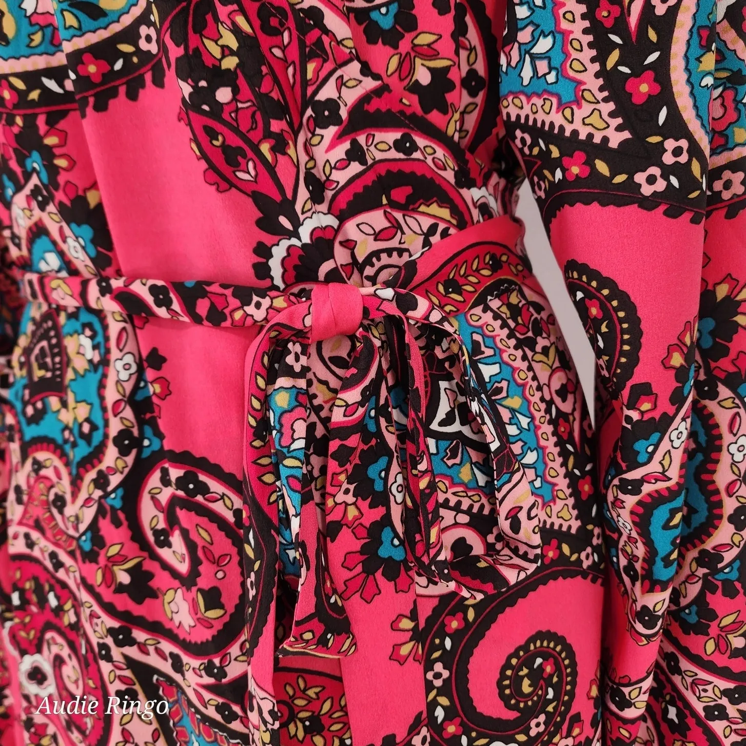 LOFT Bright Pink Paisley Wrap Midi Dress Long Sleeve Women’s XL - Image 6