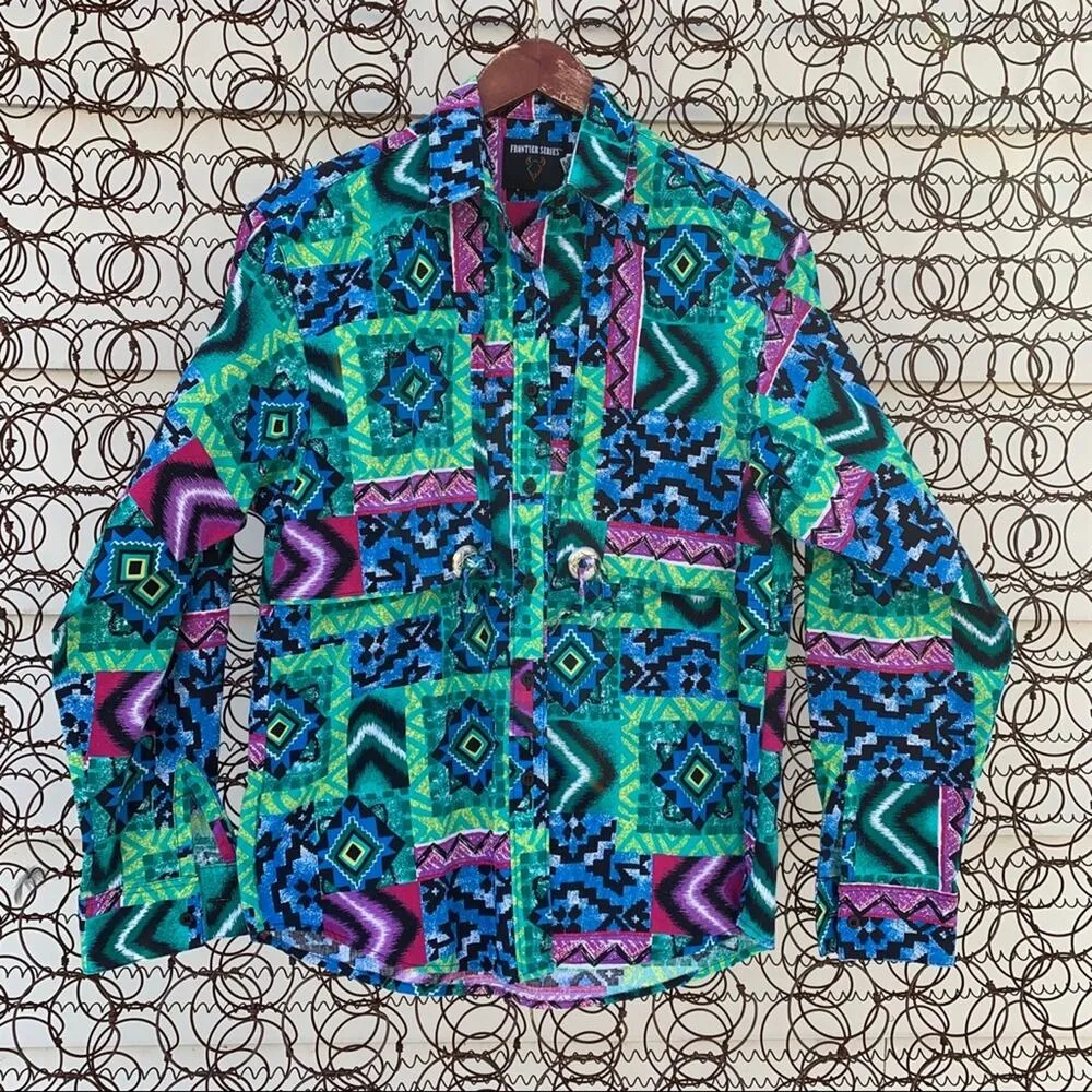Vintage 80s 90s neon abstract geometric western cowgirl shirt MEDIUM Green - Image 2