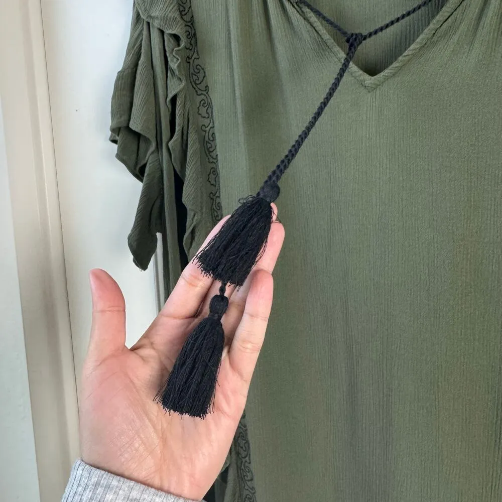 A.N.A. Embroidered Ruffle Top Olive Floral Tassle Tie XL - Image 7