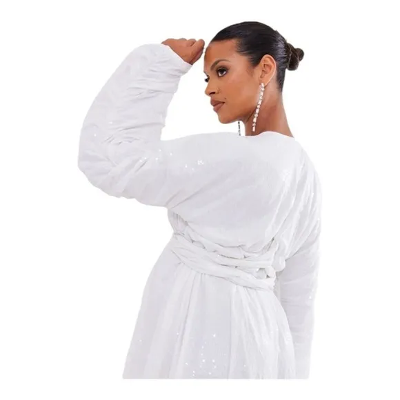 Maternity White Sequin Wrap Robe Dress Mini Blouson Sleeves Sparkle Party sz 12‎ - Image 3