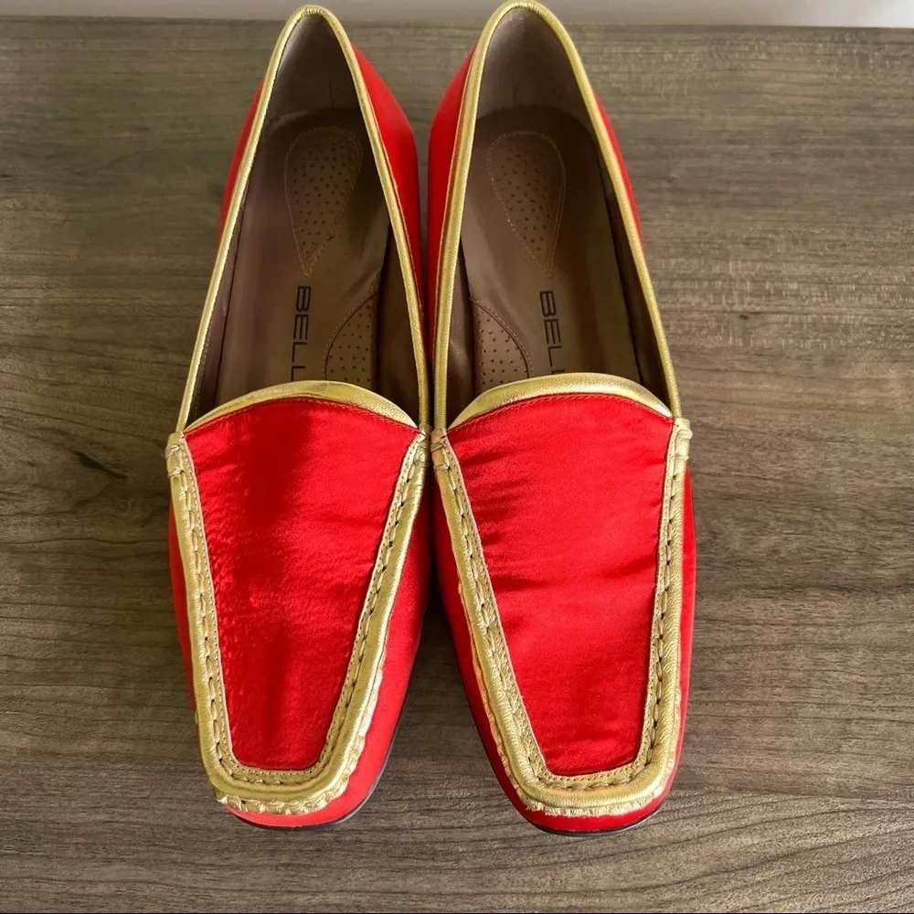 Bellini Aden Red and Gold Satin/Leather Women’s Loafer Size 8.5 Wide #772 - Image 2