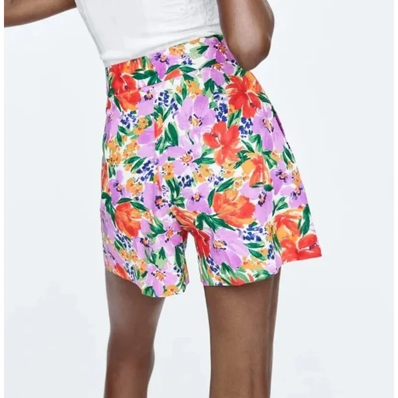 Zara Linen Blend High Waisted Floral Shorts Multicolor Size Medium‎ - Image 3
