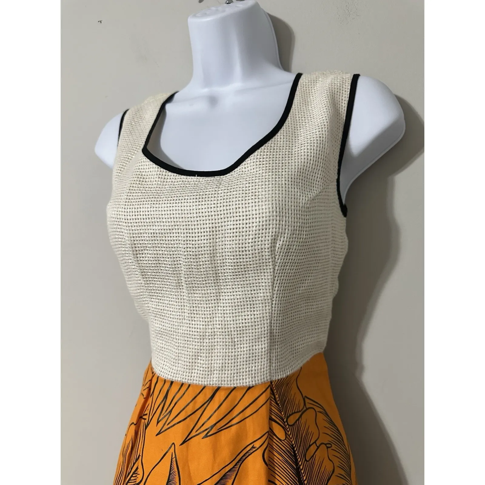 DELFINA BALDA Size S Tropical Leaf Dress Orange Waffle Knit Top Linen Resort USA - Image 2