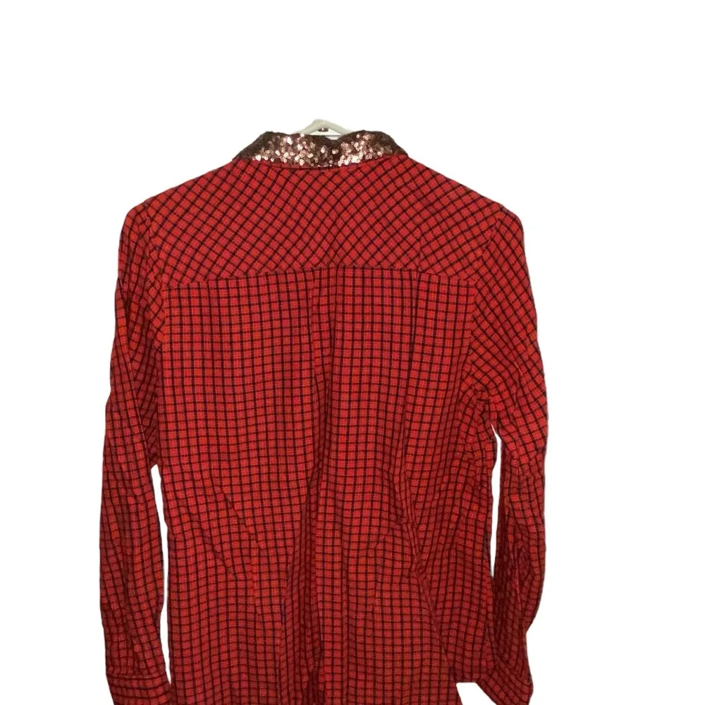 Merona red plaid cotton button down with rose gold sequin collar - Image 8