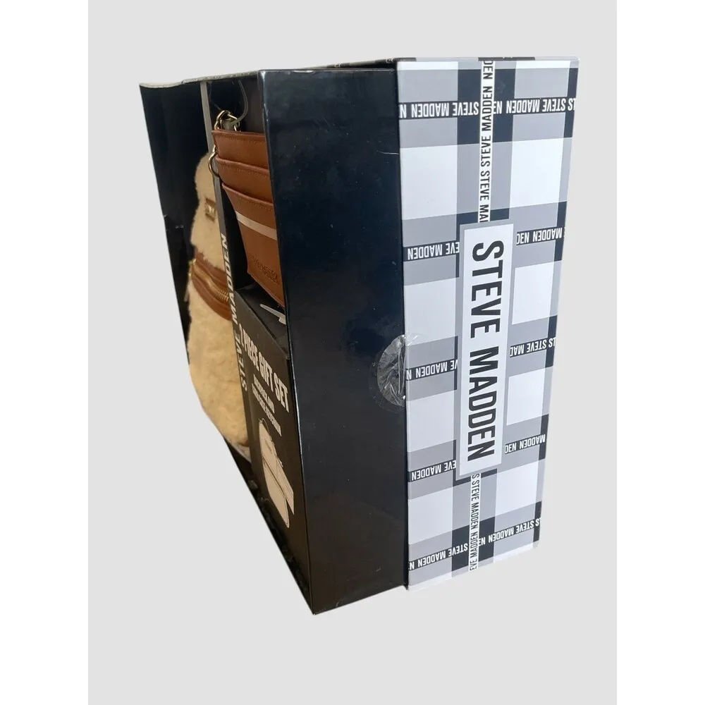 Steve madden Cream / Brown Sherpa Mini Backpack With Card Case Sets Gifting NIB - Image 4