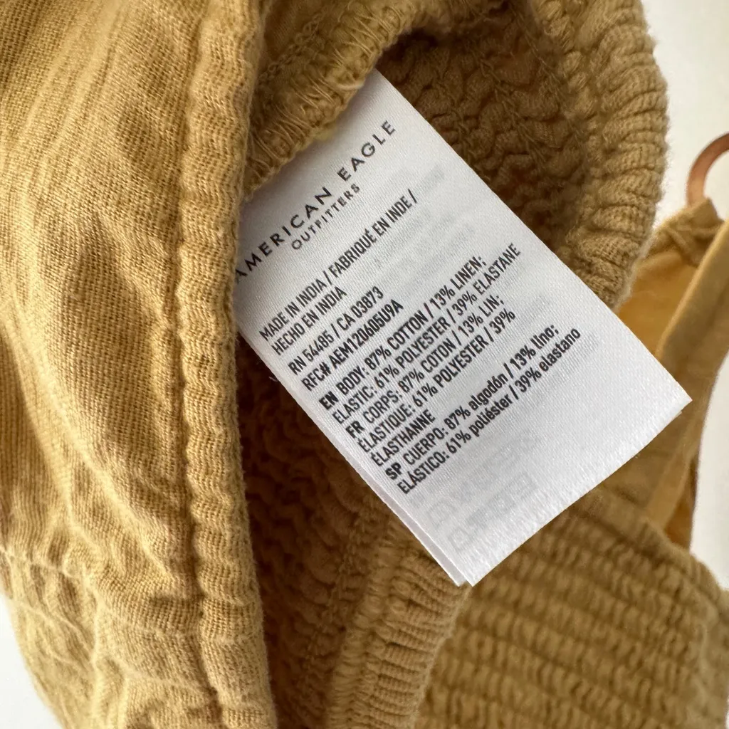 American Eagle Linen Blend Golden Mustard Yellow Smocked Crop Top O Ring Detail - Image 4