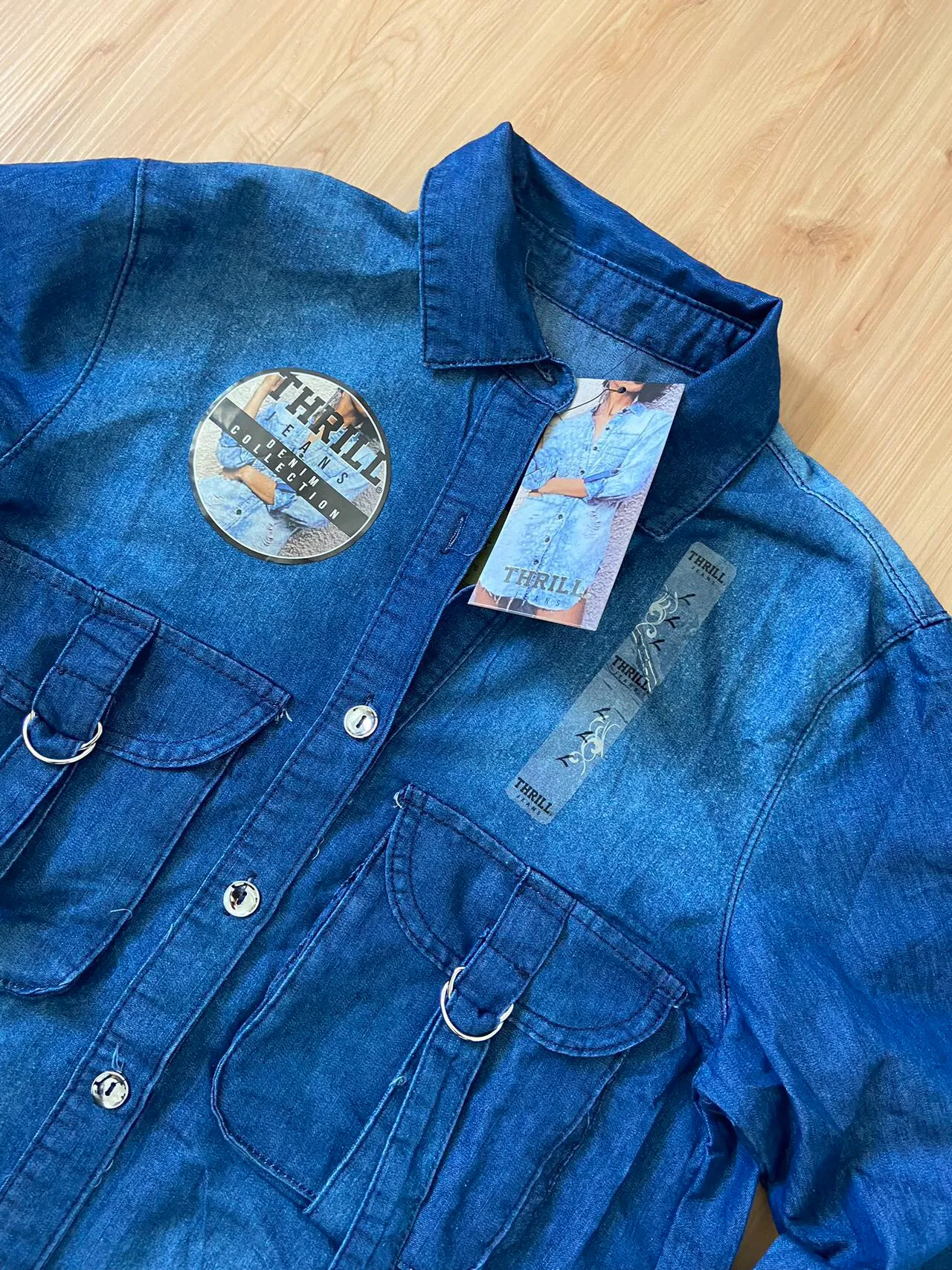 Thrill Jeans Acid Washed Denim Shirt Dress Women's Large Blue - Image 6