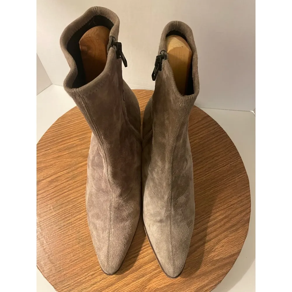 Vince Hayek Suede Taupe/Grey Block Heel Sock Ankle Booties Boot - Image 4