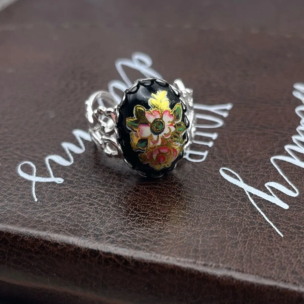Vintage Floral Glass Cameo Ring | Adjustable Stainless Steel | Holiday Gift Black - Image 12