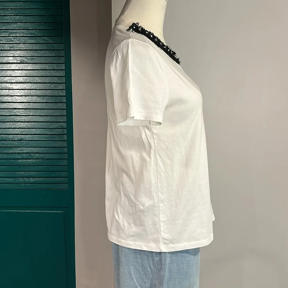 Zara black tweed fringe faux pearl Embellished collar Short Sleeve T-Shirt - S - Image 3