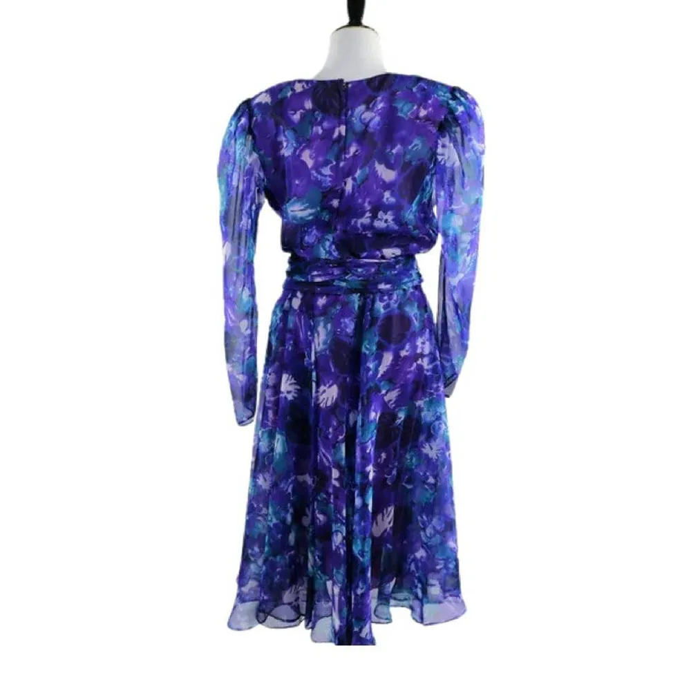 Vintage 1980s Purple Floral Print Chiffon Semi Sheer Dress Medium - Image 5