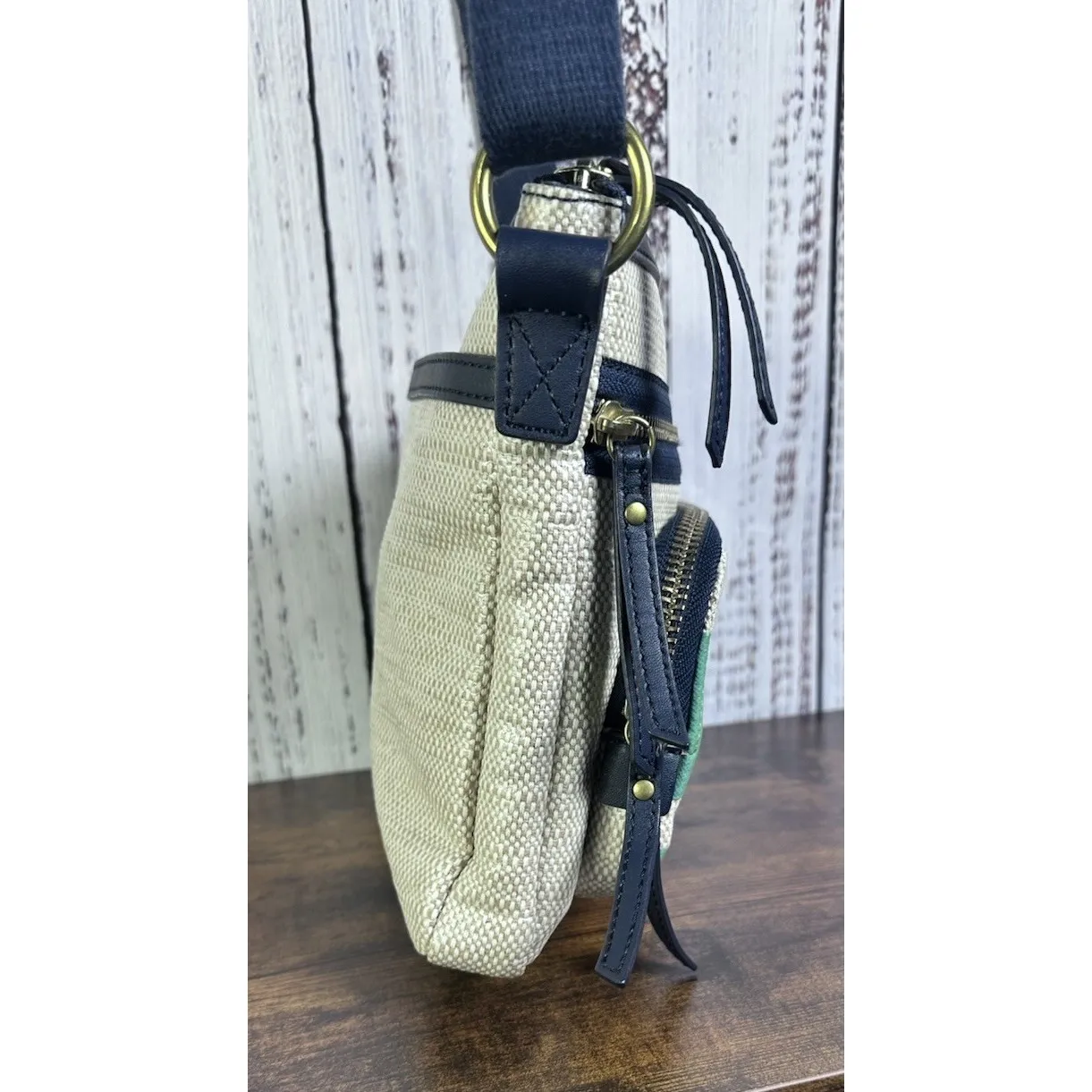 Fossil Devon Crossbody Handbag Woven Tweed And Navy Blue And Teal Green Zippers - Image 5