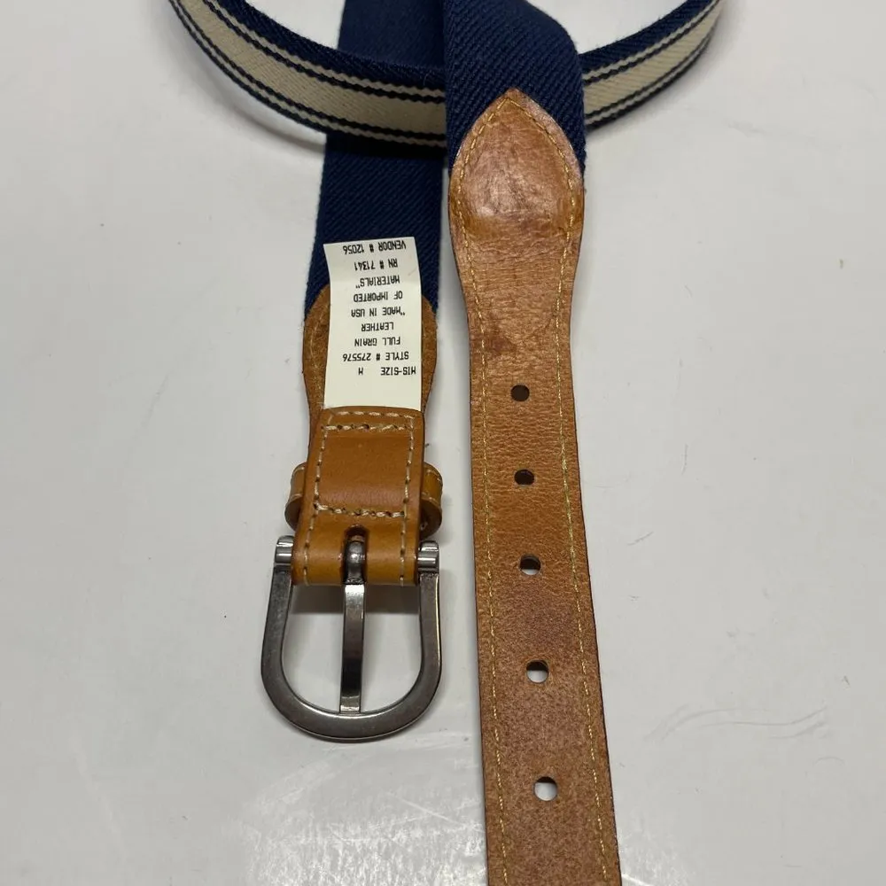 LL Bean Women M White Navy Blue Cotton Woven Brown Leather Belt 1-1/8" Wide - Image 5