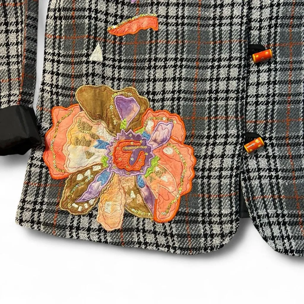Vintage 90s Plaid Blazer w/ Floral Appliqué 💫 Alex KIN Black Size M - Image 6