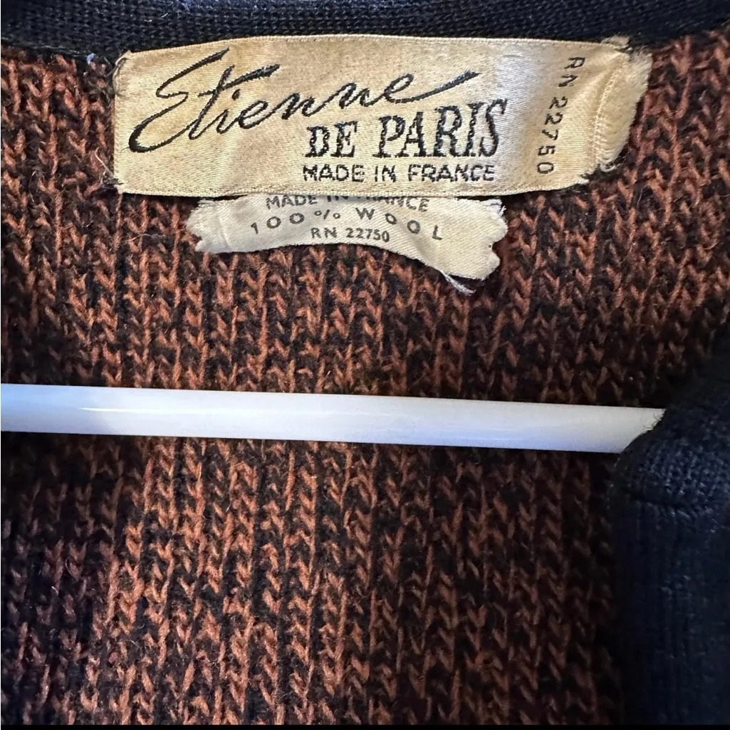 Etienne de Paris Vintage 60s Wool Brown and Black Trim Open Cardigan Size M - Image 4