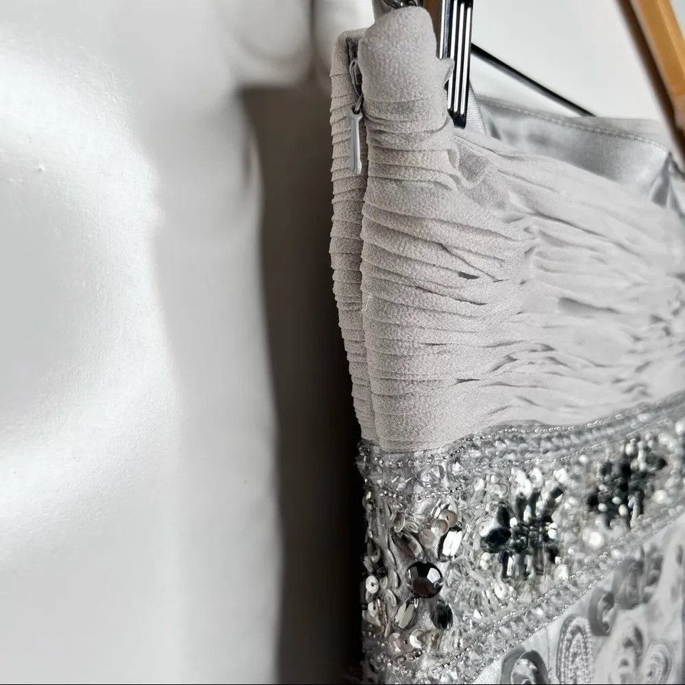 Sue Wong Silver Strapless Silk Blend Beaded Cocktail Dress Size 4 - Image 4