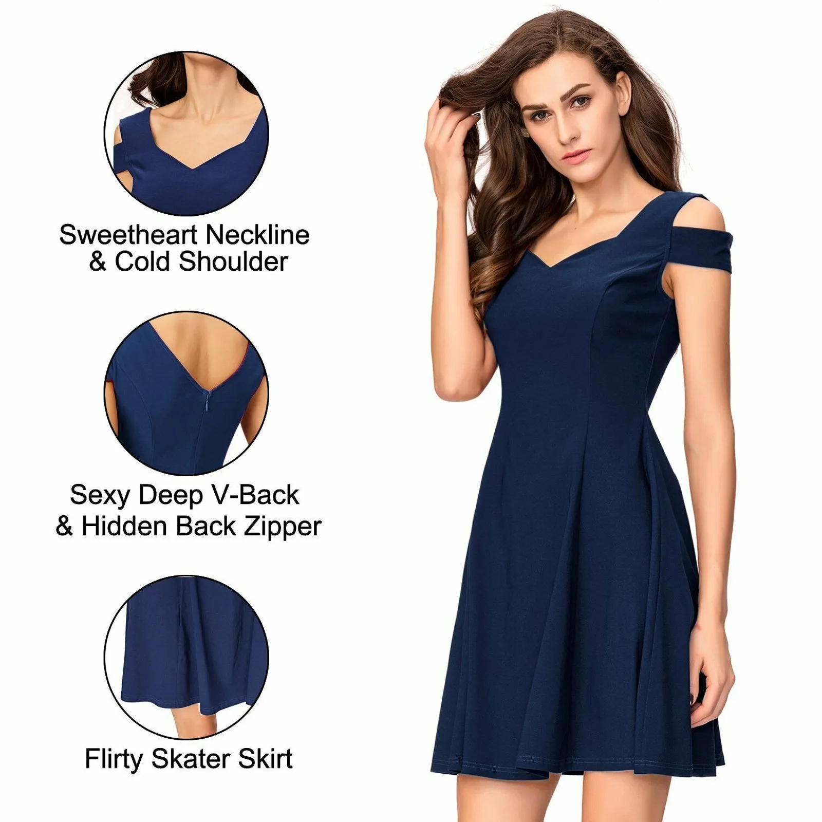 InsNova Womens‎ Dress M Cold Shoulder Navy Blue Cocktail Party Skater Solid NEW Size M - Image 3
