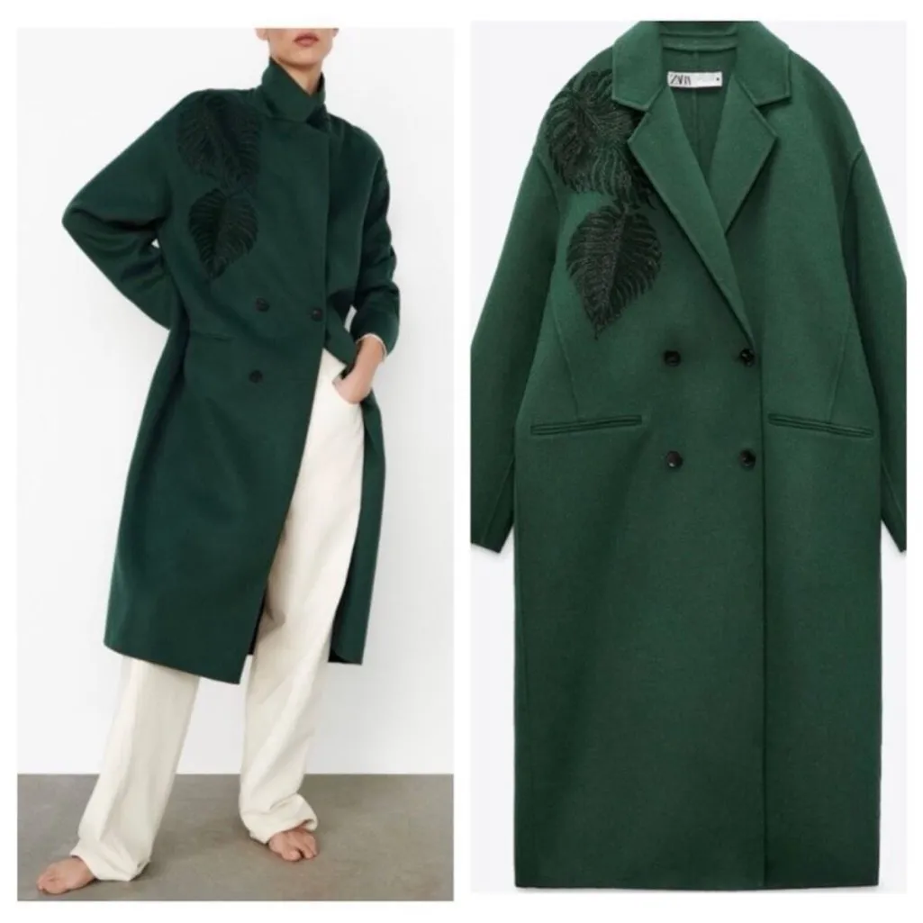 Zara Dark Green Beaded Leaf Long Oversized Wool Blend Pea Coat Size XS - M - Image 2