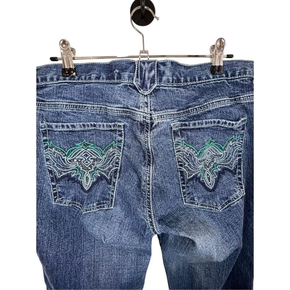 Metro 7 Low Rose Flare Jeans With Embroidery and Sequins On Bottom Blue Size 12 - Image 5