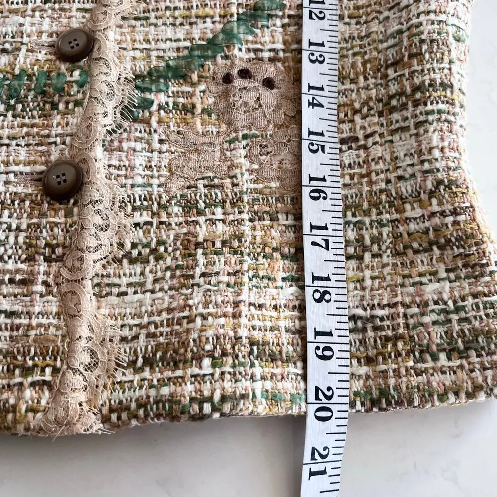 Vintage Rickie Freeman Teri Jon Beige Green Tweed Lace Trim 2 Piece Skirt Set 12 White - Image 10