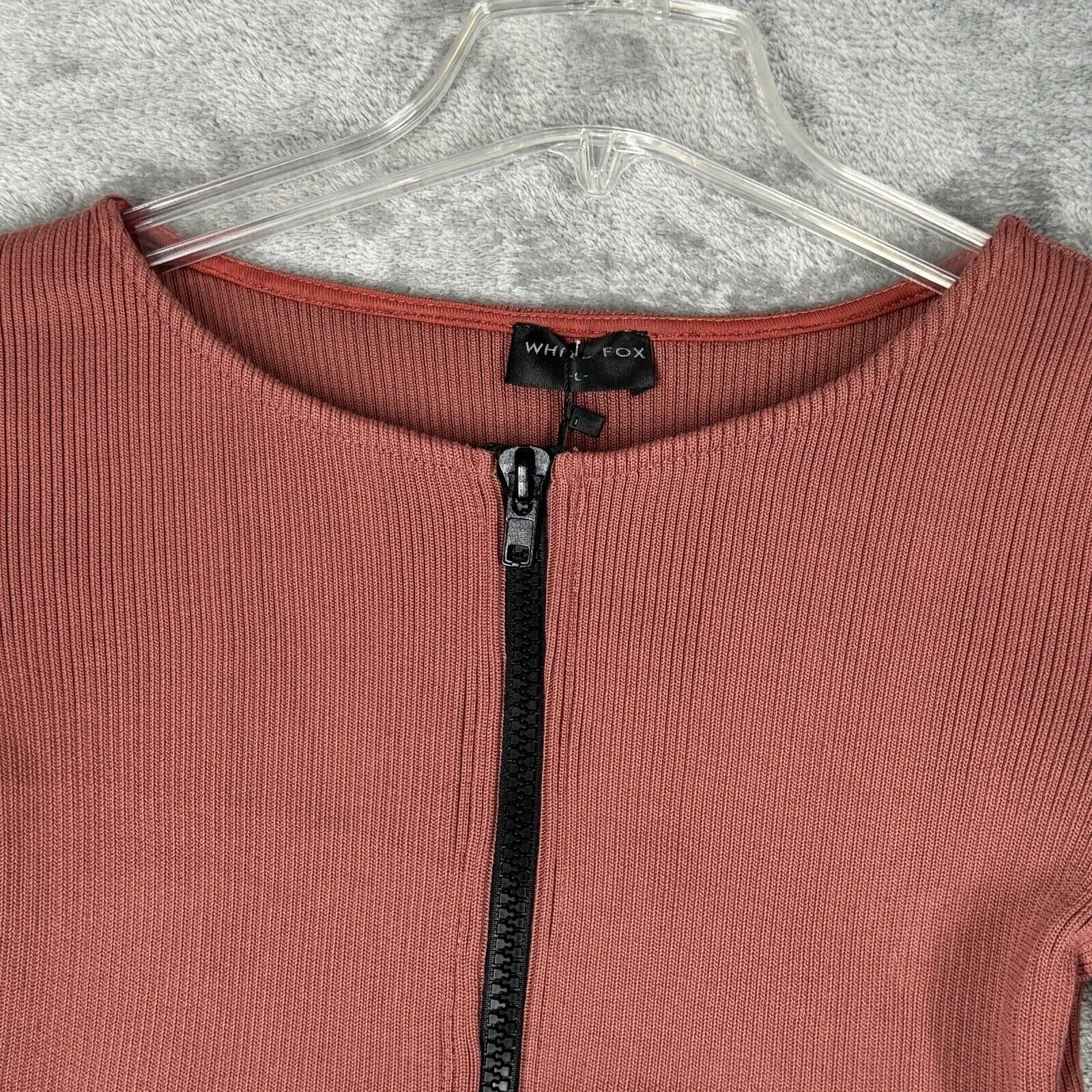 White Fox Shirt Womens Large Terracotta Ribbed Knit Cropped‎ Zipper Athleisure - Image 4