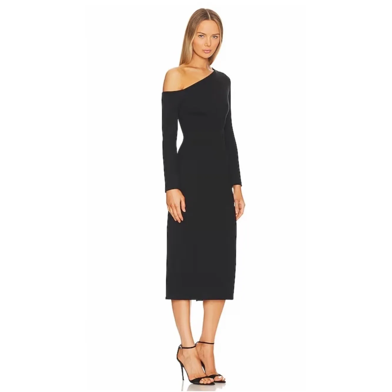 Enza Costa Exposed Shoulder Black Midi Dress XS New - Image 2
