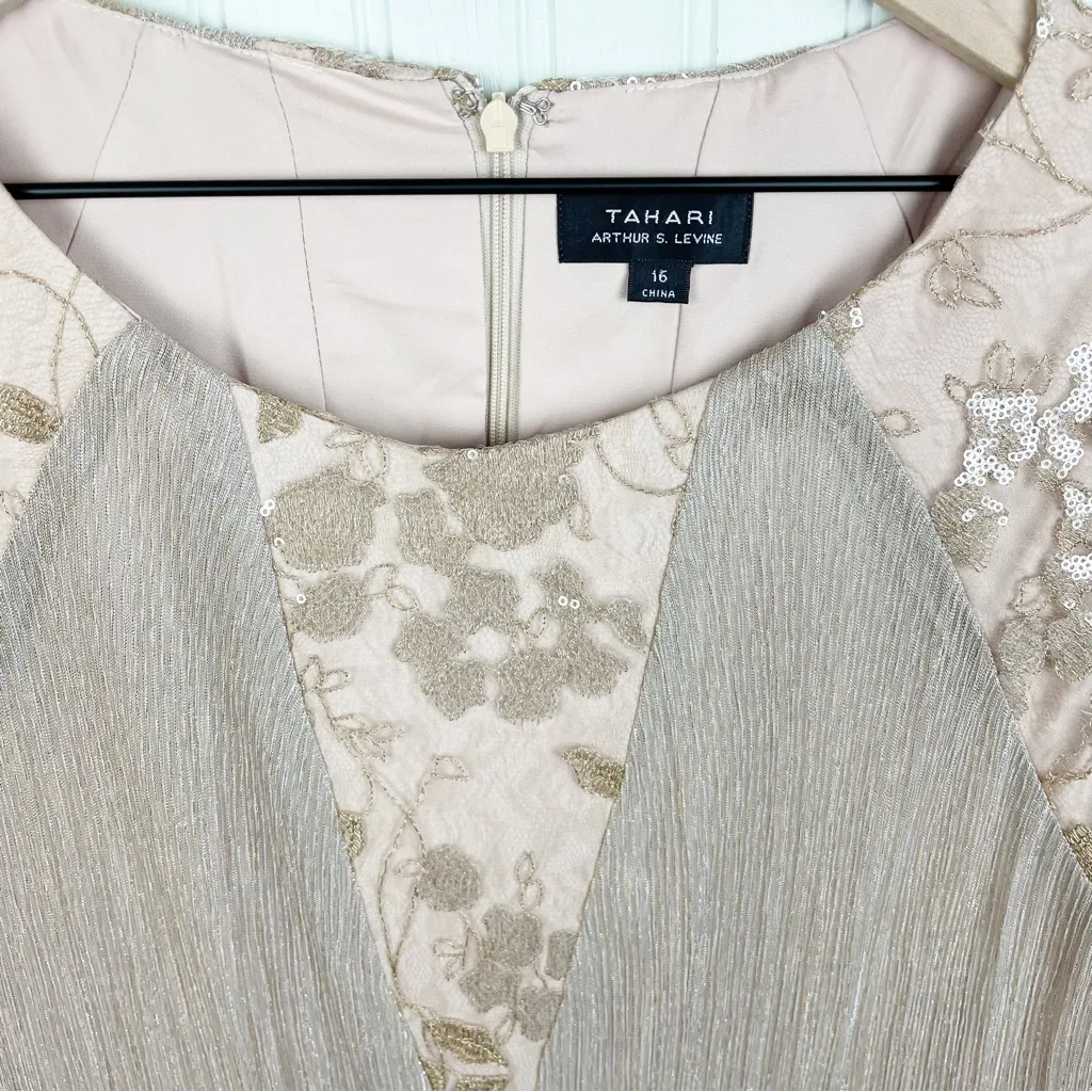 NEW Tahari Pleated Metallic Gold Jacquard Illusion Midi Dress Women's Size 16 - Image 8