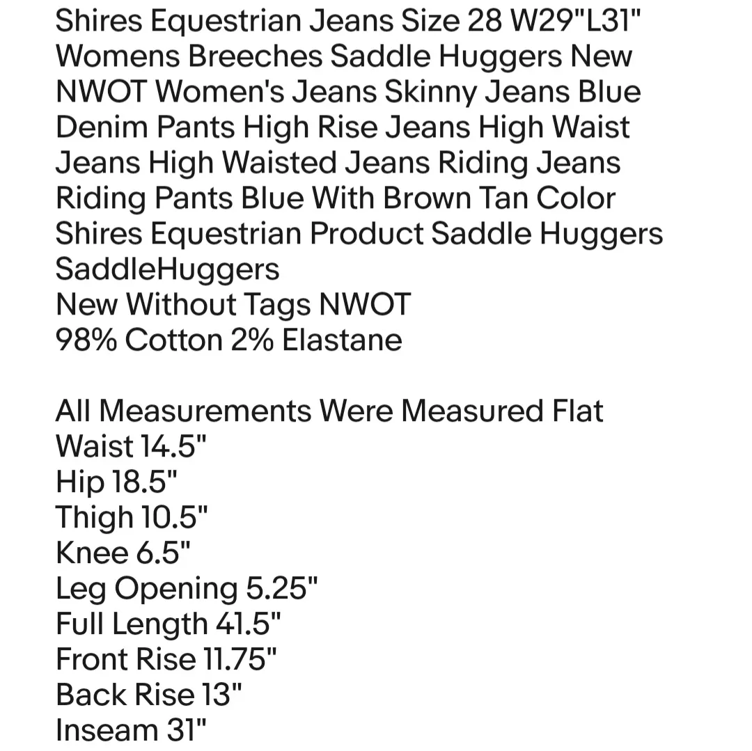 Shires Equestrian Jeans Size 28 W29"L31" Womens Breeches Saddle Huggers New NWOT - Image 2