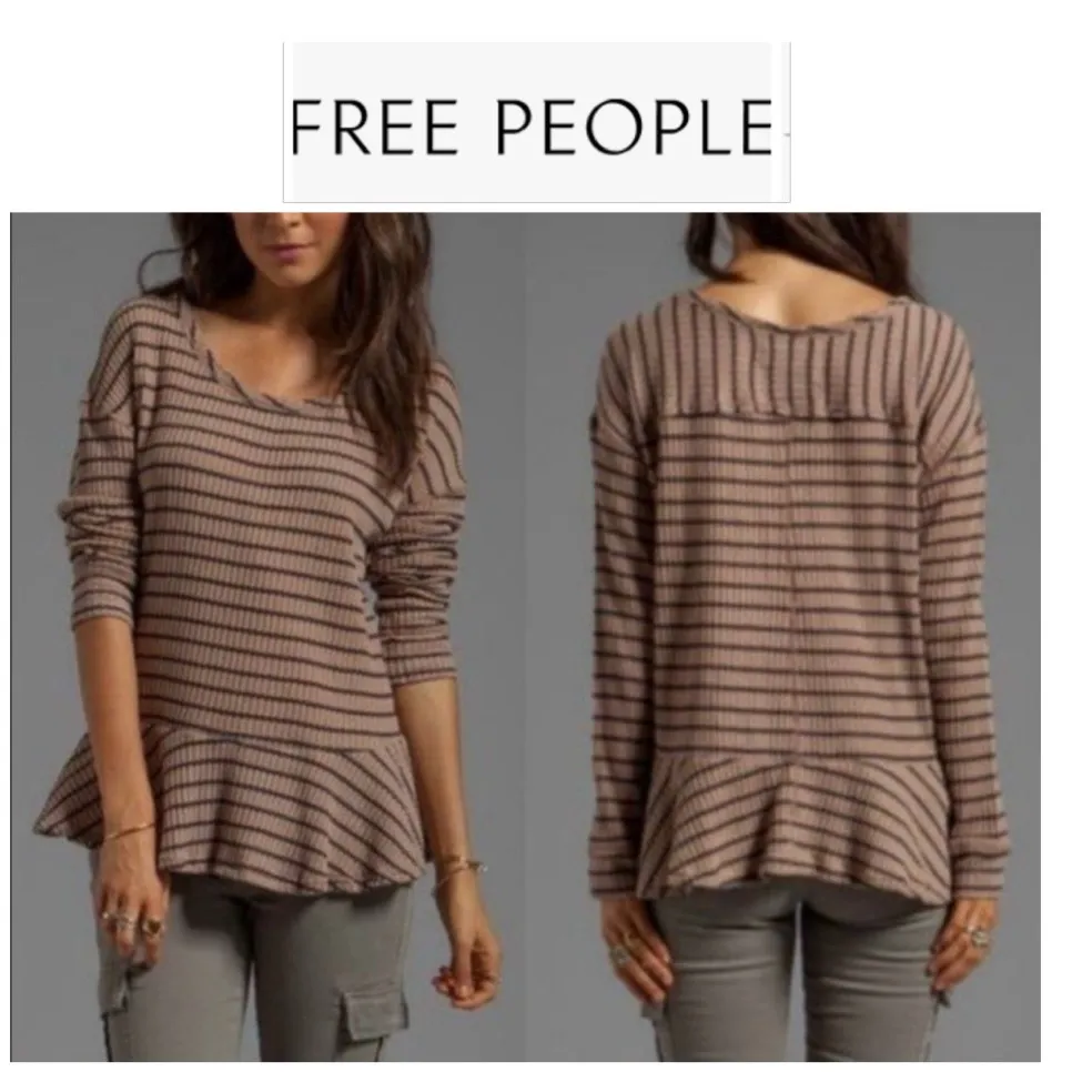 We The Free Auntie Em Brown and Black Striped Fringe Neck Peplum Sweater Top S - Image 2