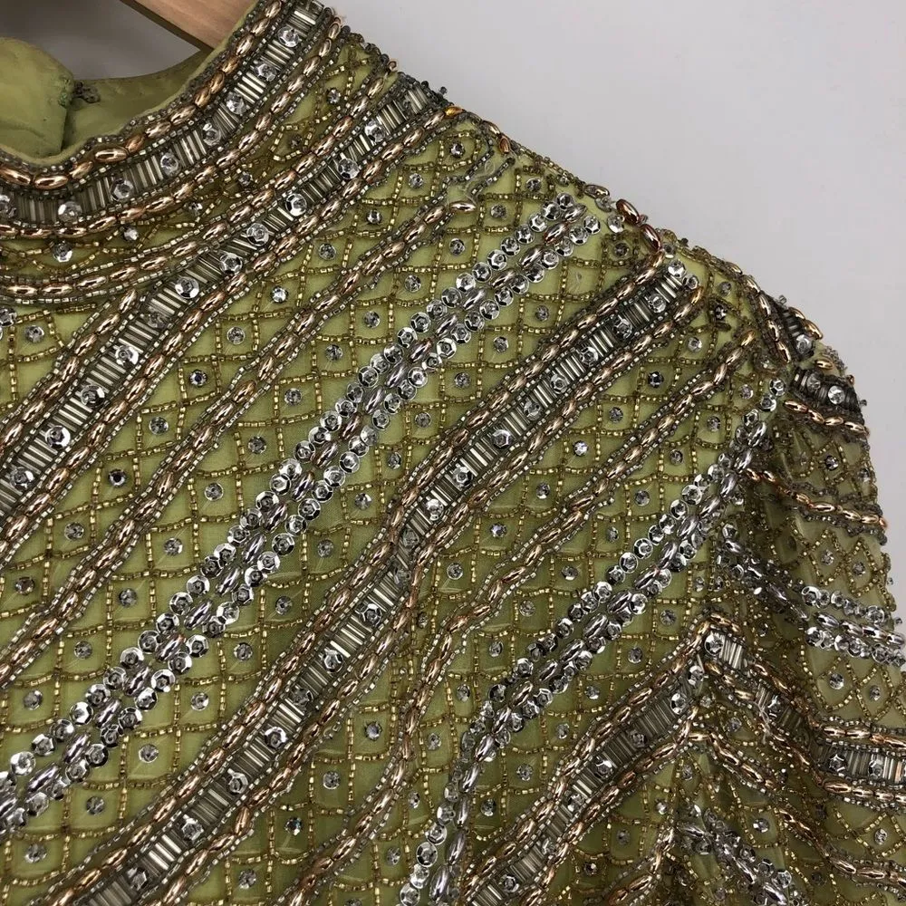 60’s Vintage Victoria Royal Avocado Green Beaded Bodice Gown with Bow - Image 3