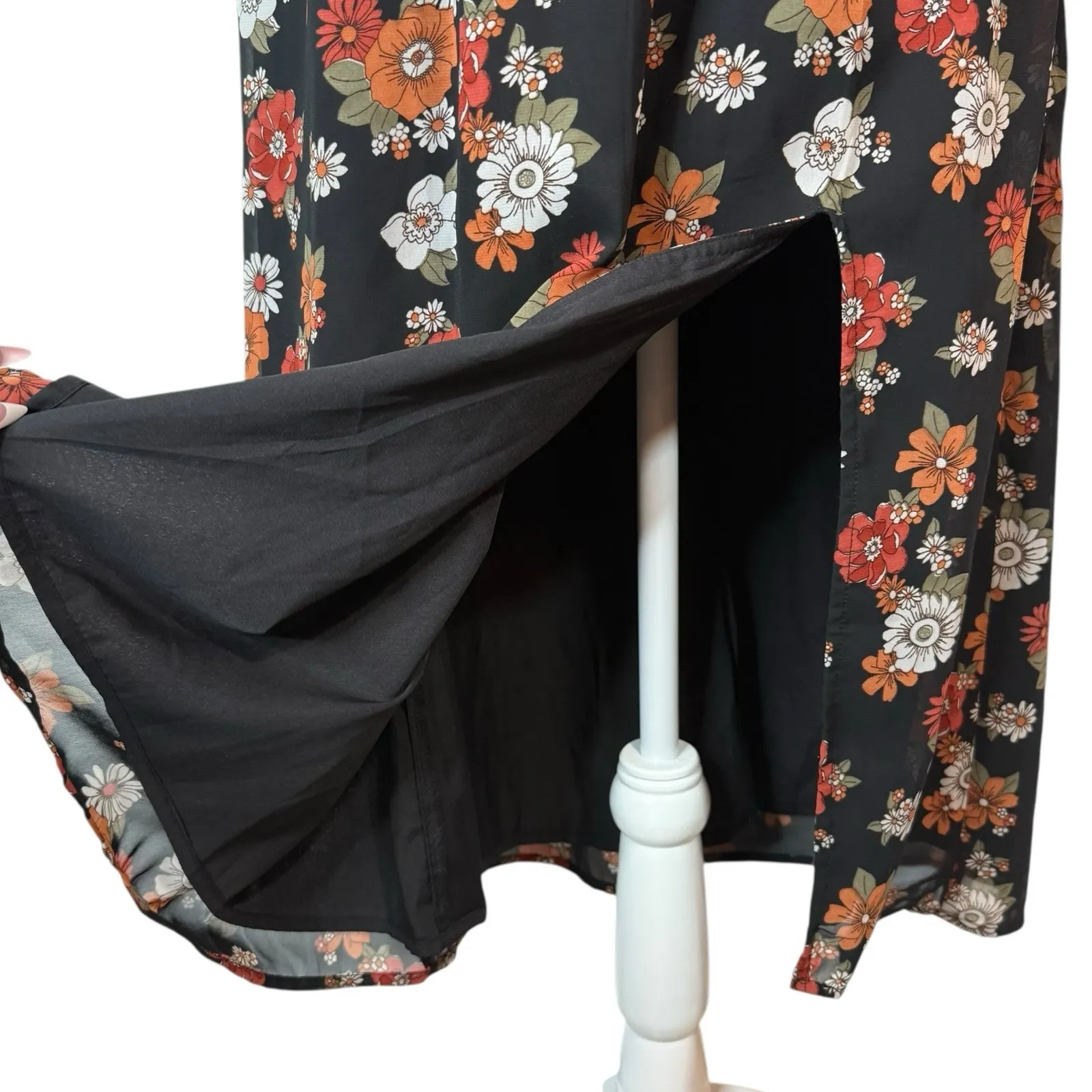 Hollister Dress Womens‎ Medium Floral Long Puff Sleeve Slit Midi Chiffon Retro - Image 8