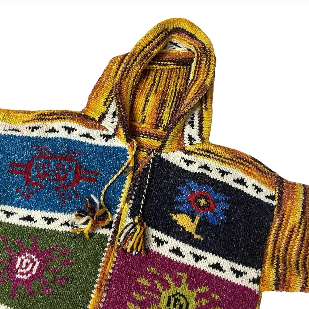 HAND CRAFTED Knit Sweater Hood Colorful Patchwork Full Zipper Patchwork Peruvian Size M - Image 5