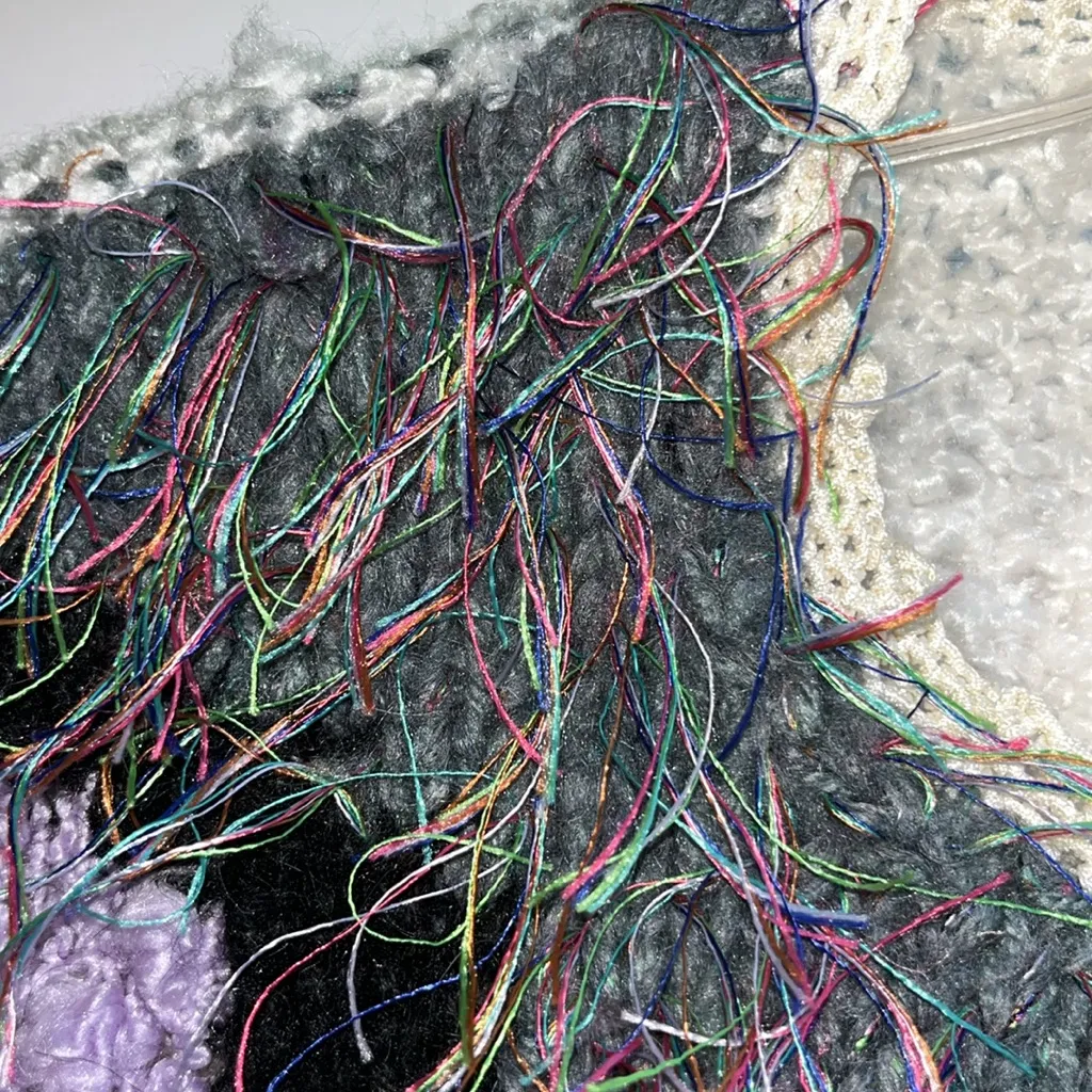 Vintage 80s Sweater Rocker Statement Multimedia Geometric Funky Unique Fluffy Purple Size L - Image 6