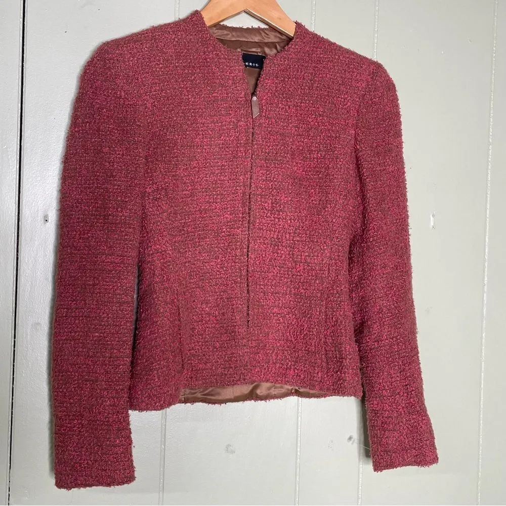 AKRIS Silk Wool‎ Boucle Tweed Jacket Blazer Pink Zip Front size 2 US - Image 2