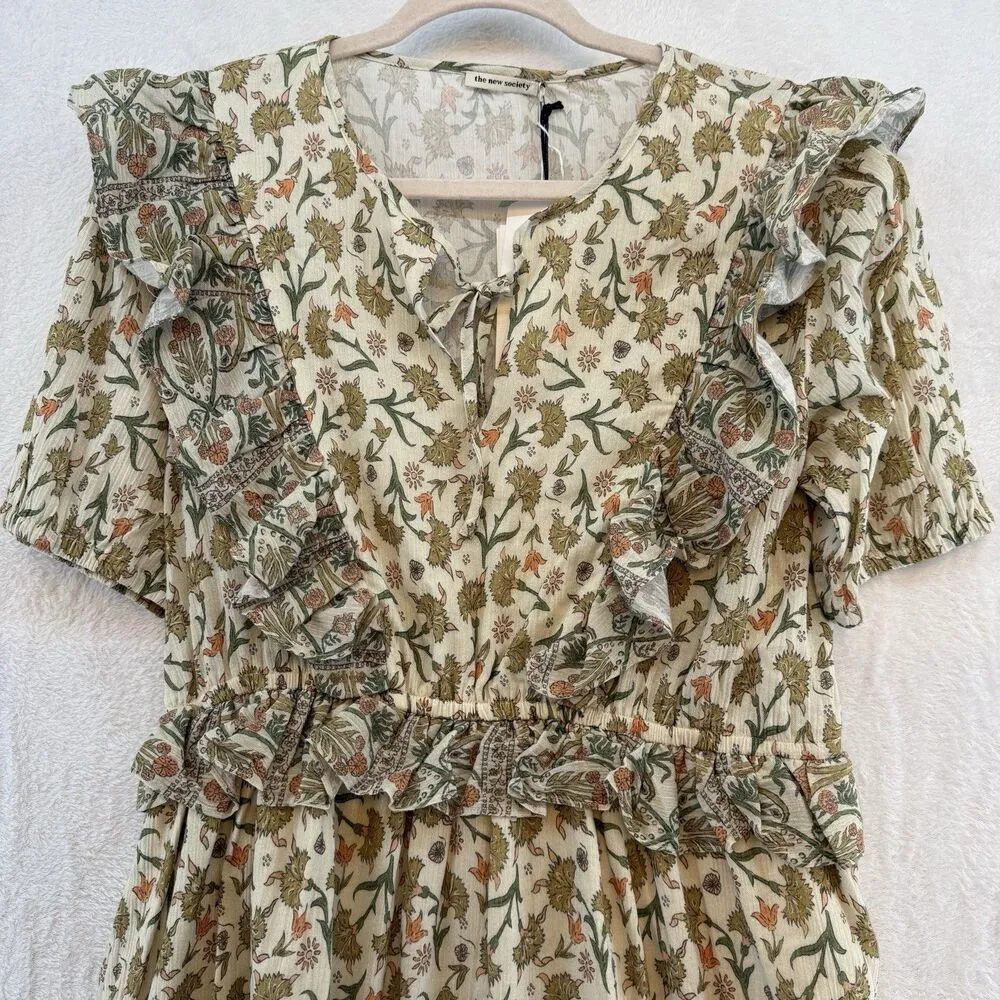 NWT The New Society Indiana Dress Large Beige Floral Lux Organic Cotton Olive Green - Image 5