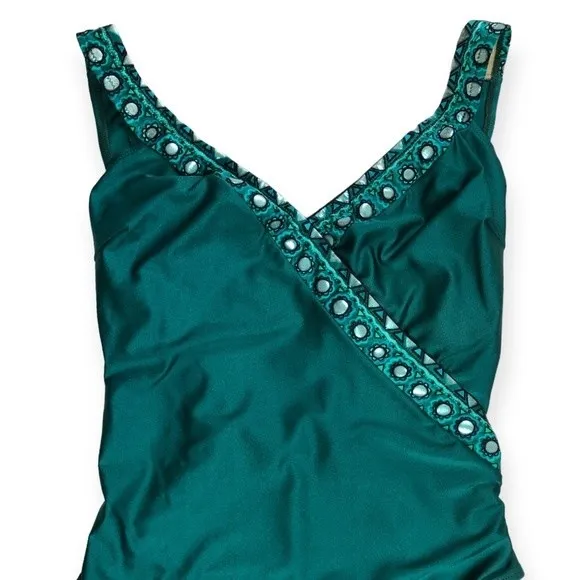 Gottex Swimwear Vintage Green Embellished Soft Cup One-Piece Swimsuit - Image 2