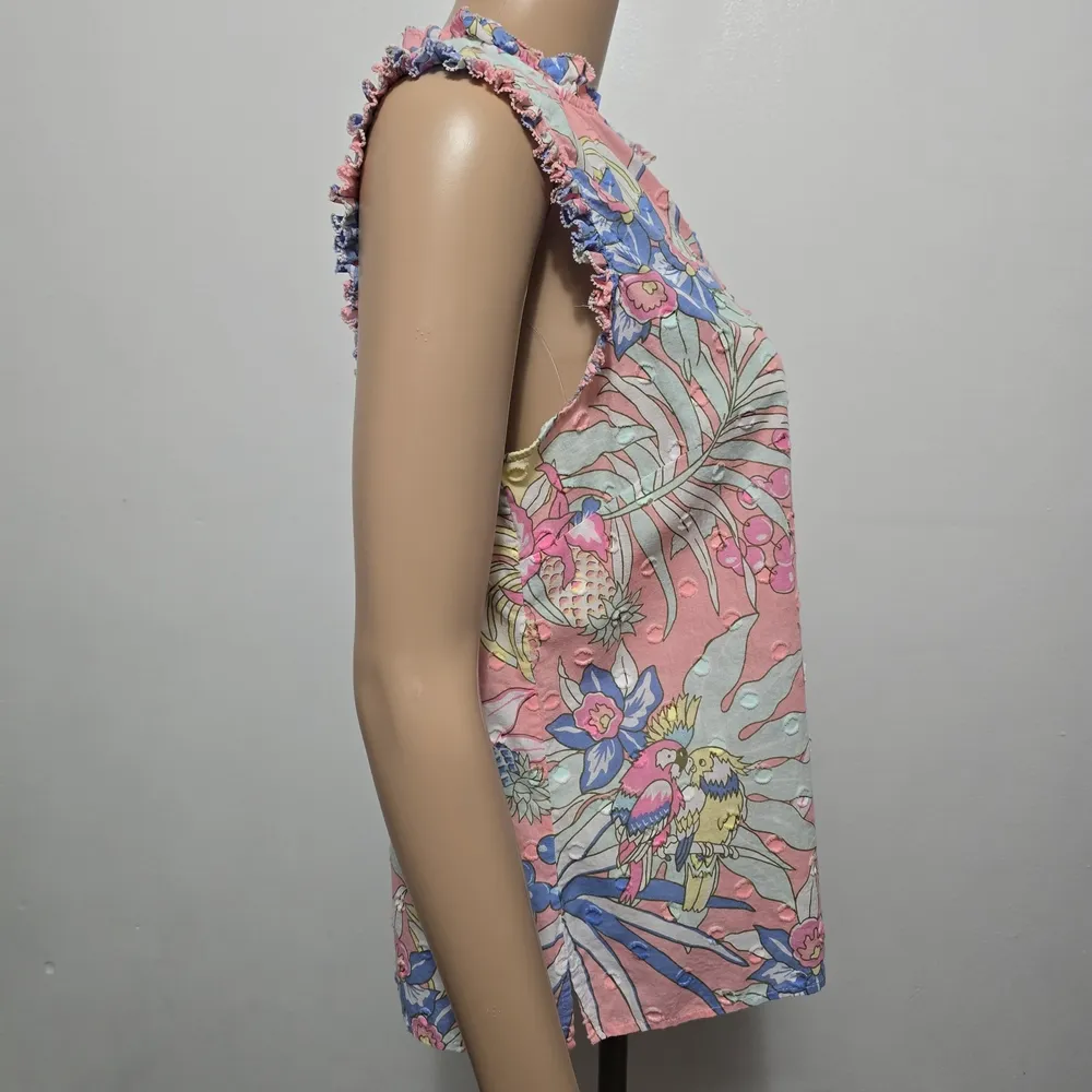 Talbots Pink Floral Ruffle Trim Shell Cotton Blouse Size MP - Image 4