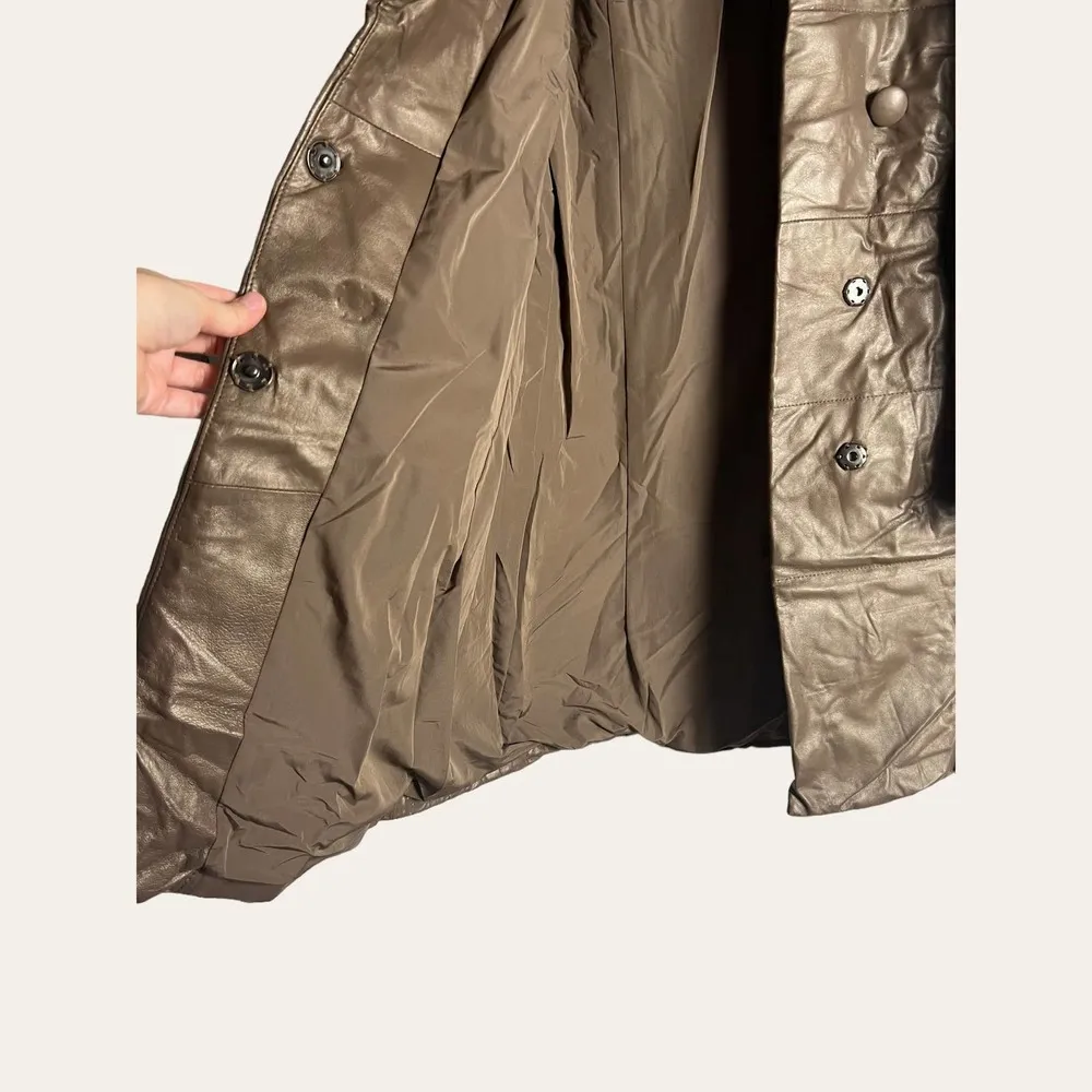 Vintage Bronze Brown Sheepskin Leather Fur Collar Belted Coat Size M Size M - Image 5