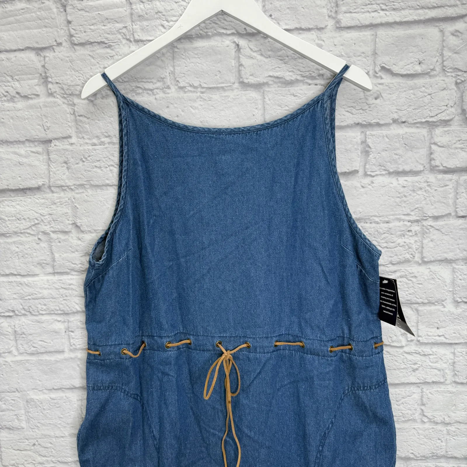 Vintage Original TY Wear Sleeveless Denim Dress Size 18 Midi Jumper Tie Belt New Blue - Image 3