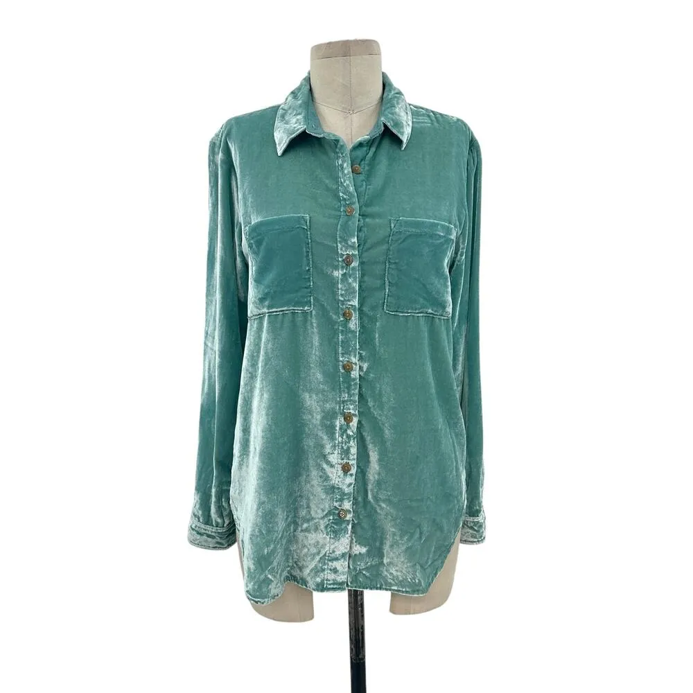 Anthropologie Pilcro Mara Relaxed Velvet Buttondown Top Teal‎ Blue Size US 2 - Image 3