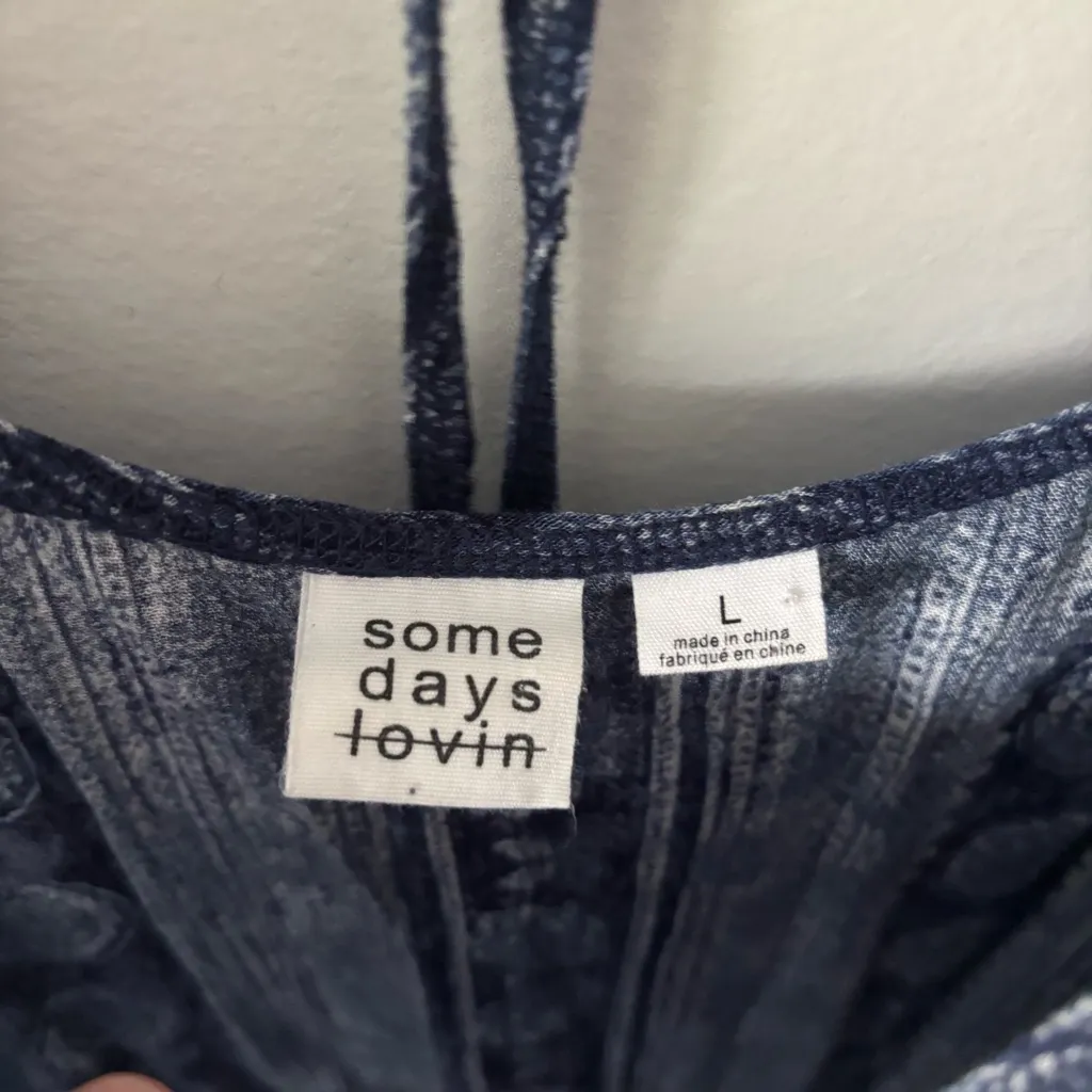 Somedays Lovin Blue Batik Print Lightweight Scoop Neck Mini Dress Raw Hem Boho - Image 10