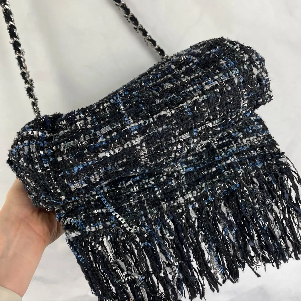 Zara TRF Lurex Glitter Tweed Woven Fringe Chain Crossbody Purse Bag Navy Y2K - Image 7