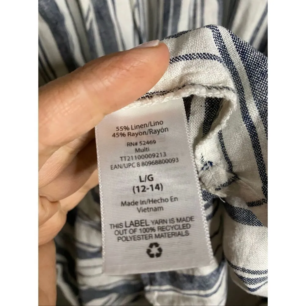 Time & Tru Striped Linen Blend Dress Pockets Coastal Nautical Cottagecore L Gray Size L - Image 5
